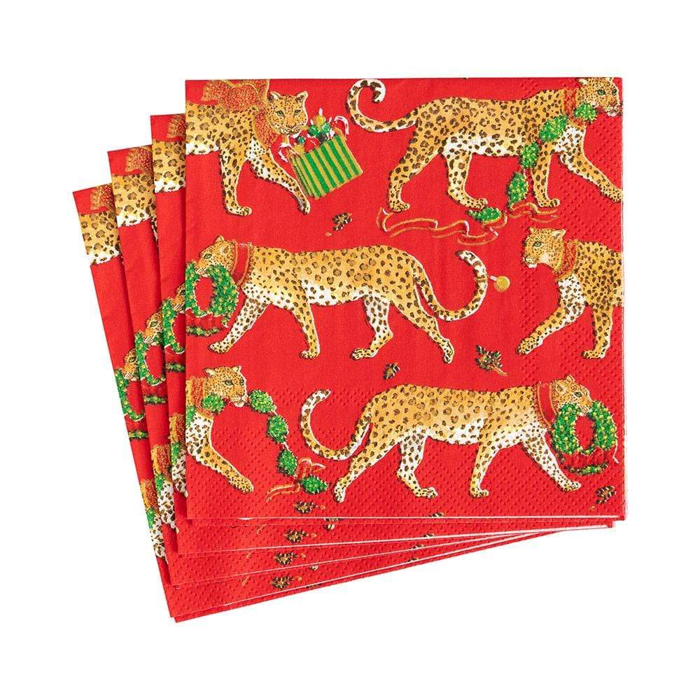 Red Christmas Leopards Paper Cocktail Napkins
