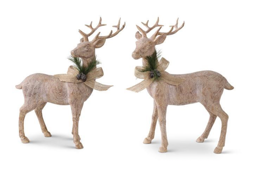 11'' Resin Natural Wood Reindeer with Bow