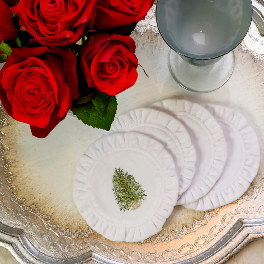 Pine Tree Round Ruffle Velvet Coaster Set