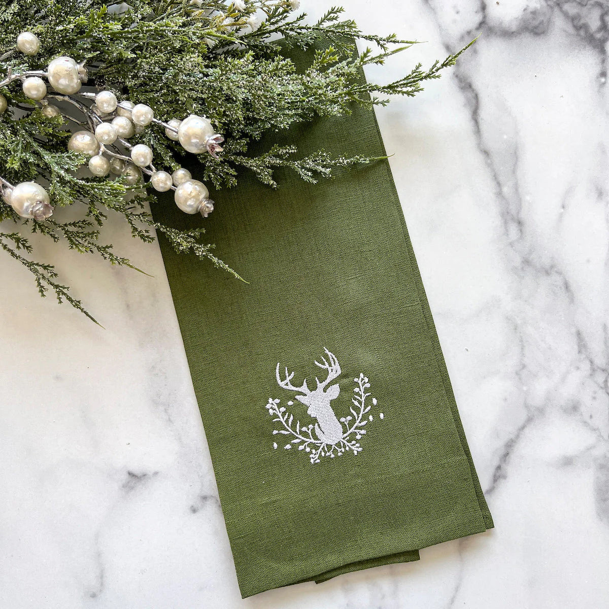Stag with Holly Berries Linen Towel