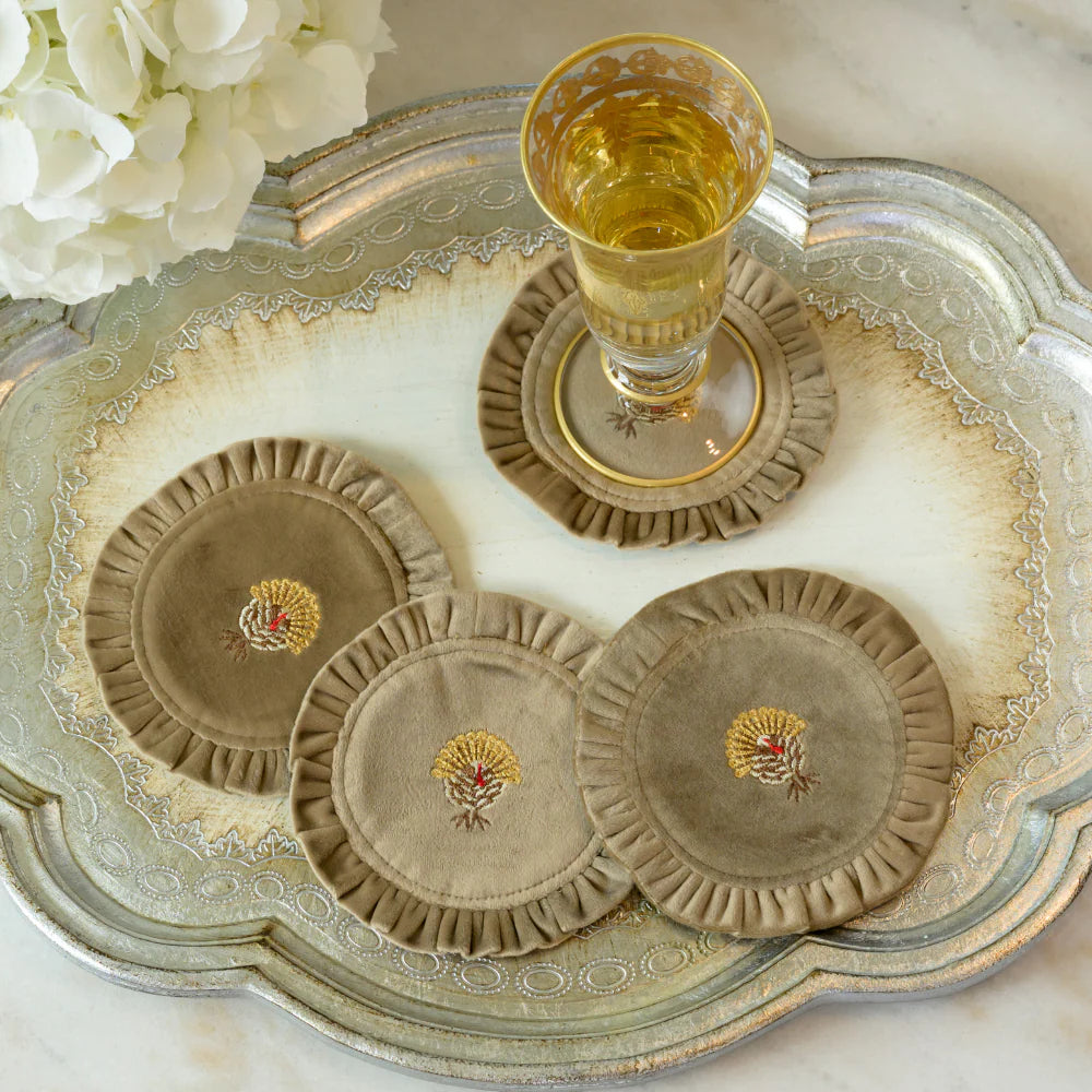 Turkey Round Ruffle Velvet Coaster - Set of 4