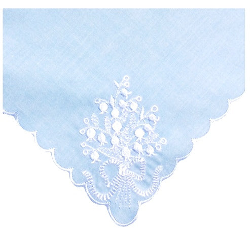 White Lily of the Valley on Light Blue Handkerchief