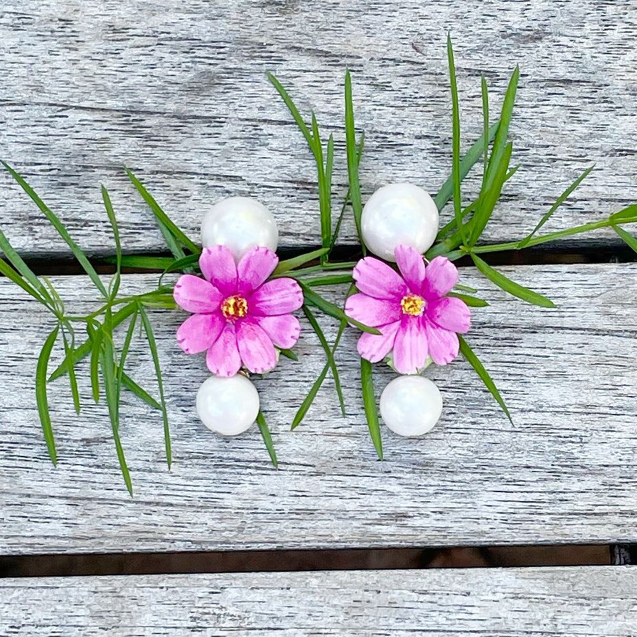 Freshwater Pearl Pink Porcelain Flower Drop Earrings