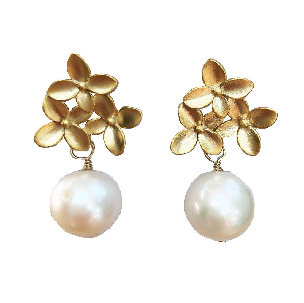 Gold Hydrangea Pearl Drop Earrings
