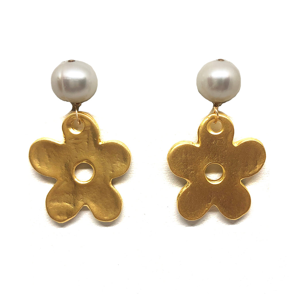 Cosmos Gold Flower & Pearl Earrings