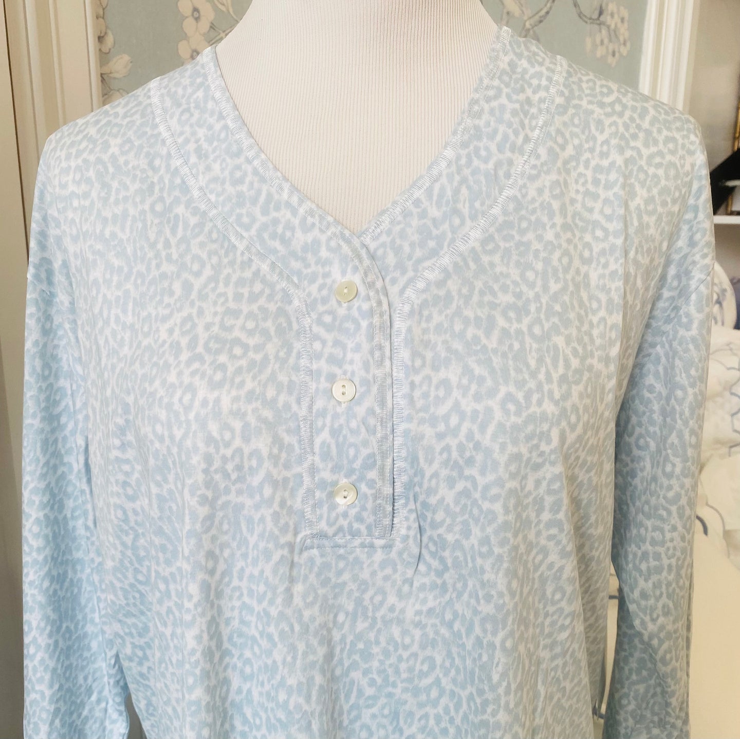 Leopard Long Sleeve Placket Pajama Set - Blue